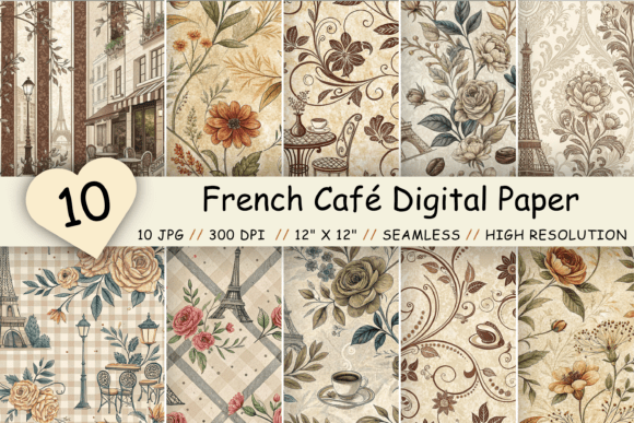 Download French Café Digital Paper Pack, Parisian - Digital paper Collection