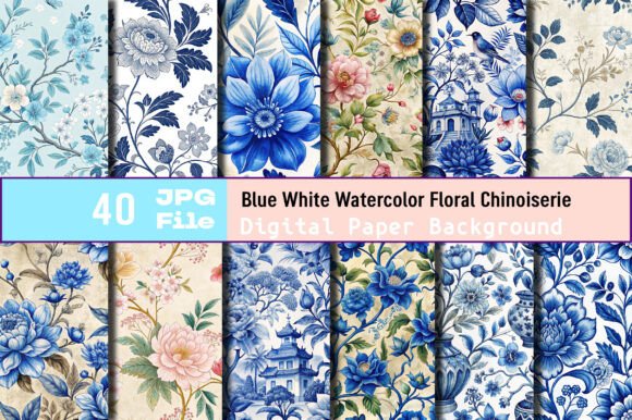Download Blue White Watercolor Floral Chinoiserie - Floral Collection