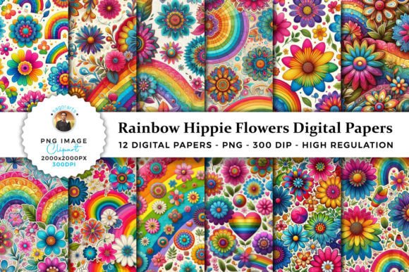Download Rainbow Hippie Flowers Digital Papers - Digital paper Collection