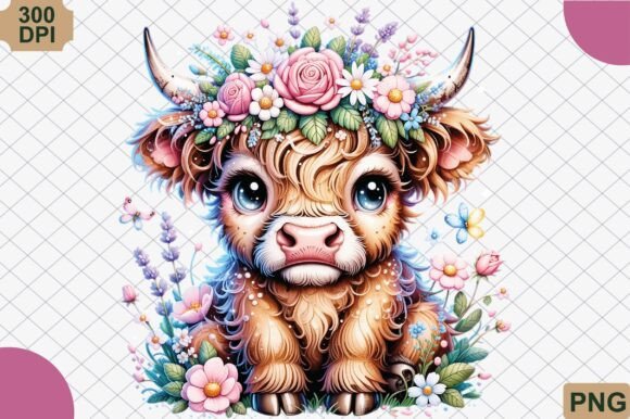 Download Boho Highland Cow and Pink Flowers PNG - Flowers png Collection